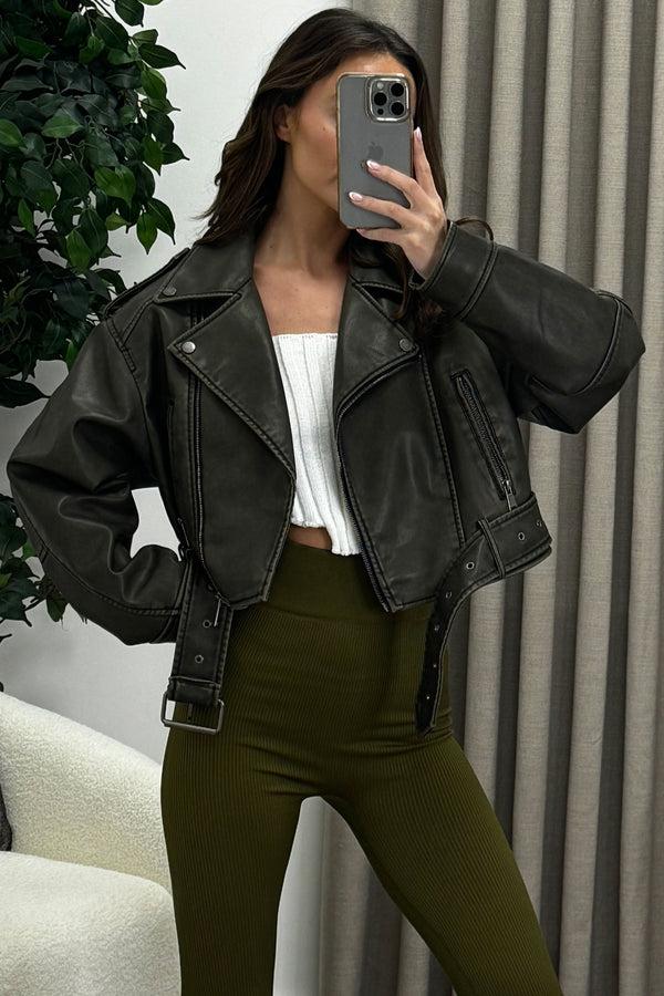 Lasula Imane Khaki Washed Faux Leather PU Zip Up Belted Cropped Biker Jacket
