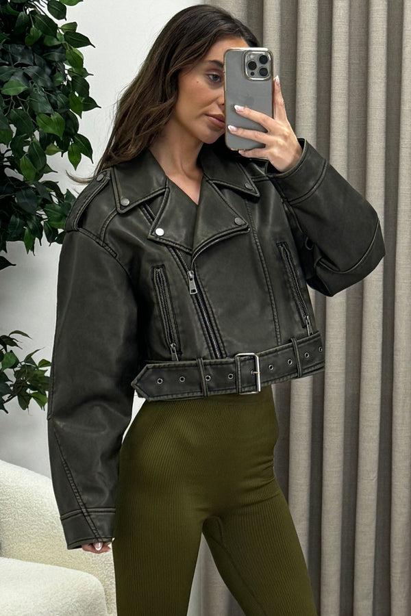 Lasula Imane Khaki Washed Faux Leather PU Zip Up Belted Cropped Biker Jacket