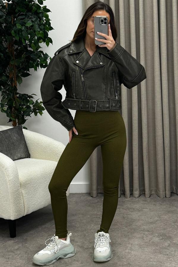 Lasula Imane Khaki Washed Faux Leather PU Zip Up Belted Cropped Biker Jacket