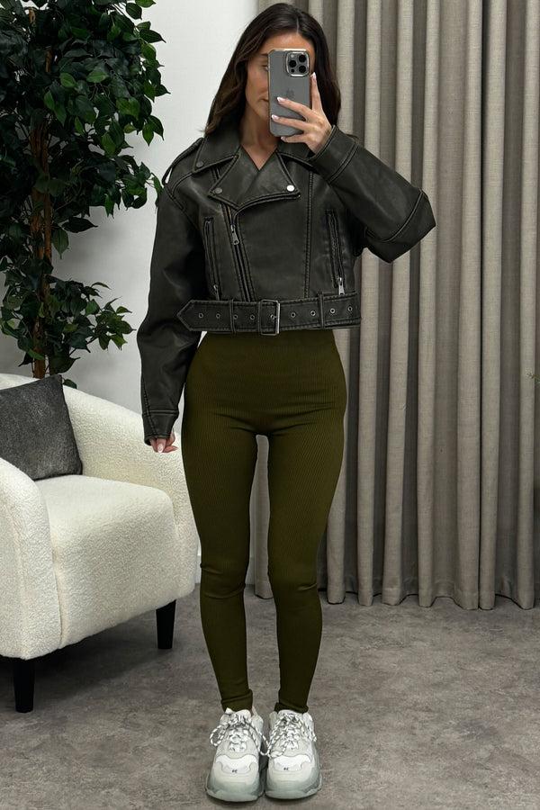 lasula Imane Khaki Washed Faux Leather PU Zip Up Belted Cropped Biker Jacket