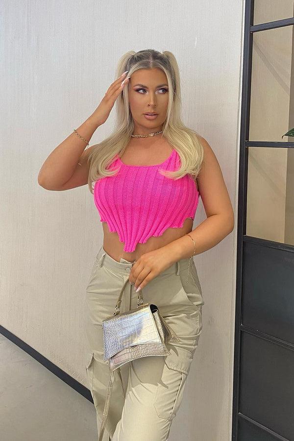 Lasula Imogen Neon Pink Distressed Hem Knit Crop Top