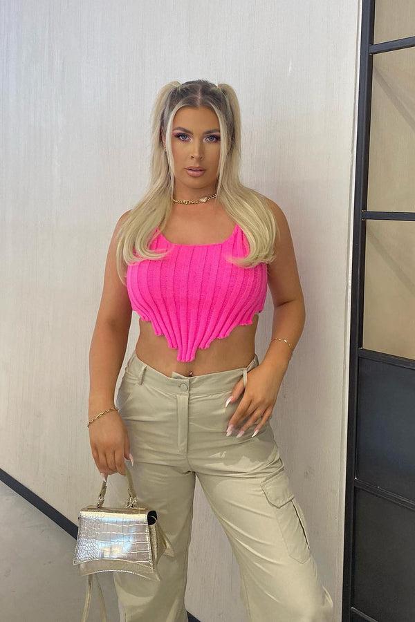 Lasula Imogen Neon Pink Distressed Hem Knit Crop Top