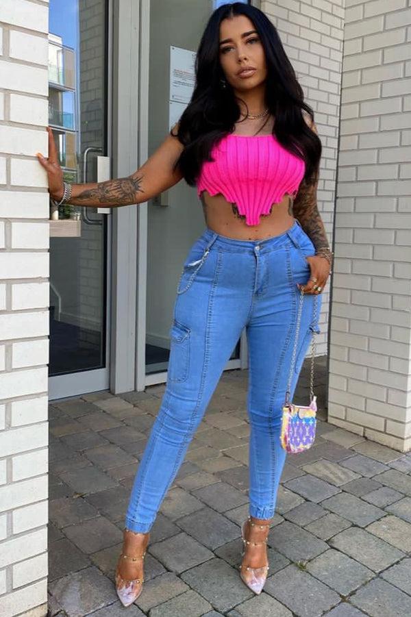 Lasula Imogen Neon Pink Distressed Hem Knit Crop Top