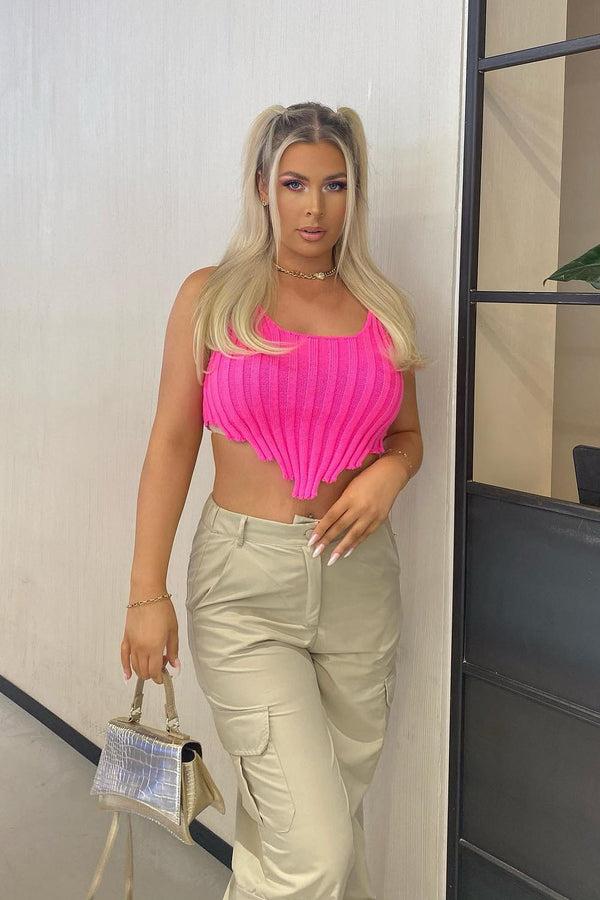 lasula Imogen Neon Pink Distressed Hem Knit Crop Top