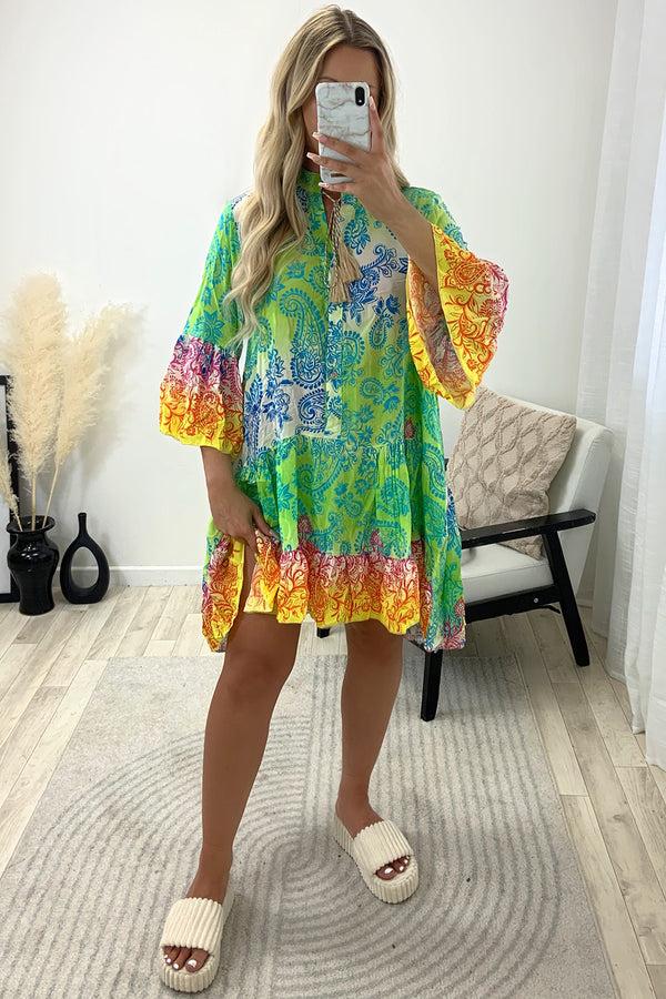 Lasula Jadey Green Multi Paisley Print Oversized Frill Hem Kaftan Top