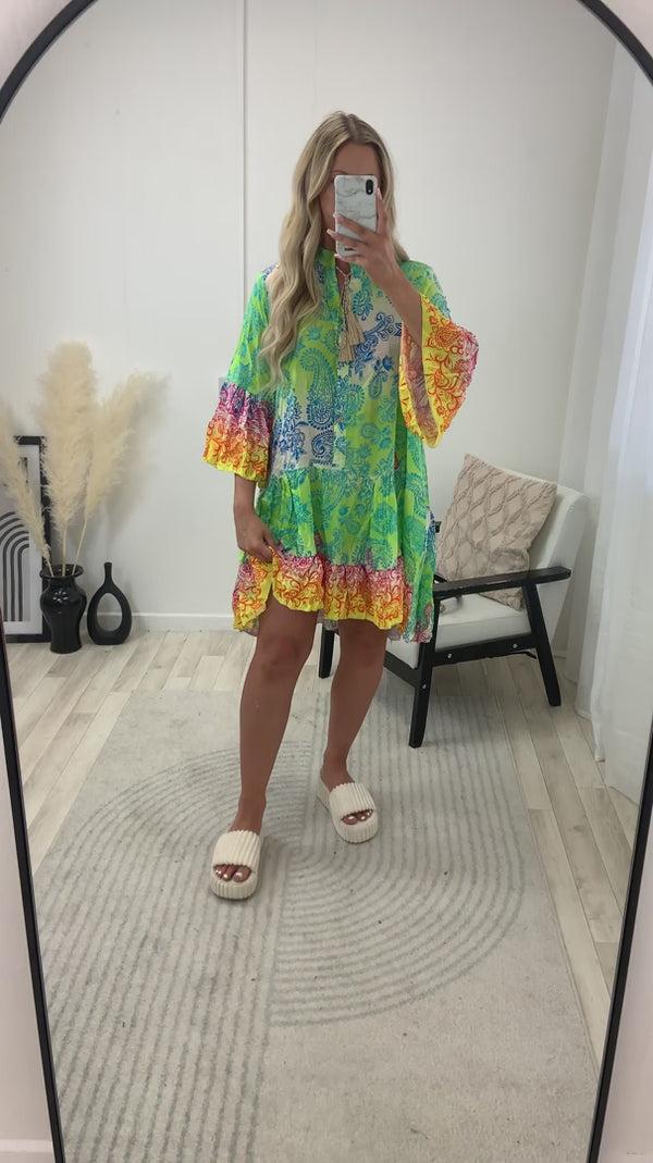 Lasula Jadey Green Multi Paisley Print Oversized Frill Hem Kaftan Top