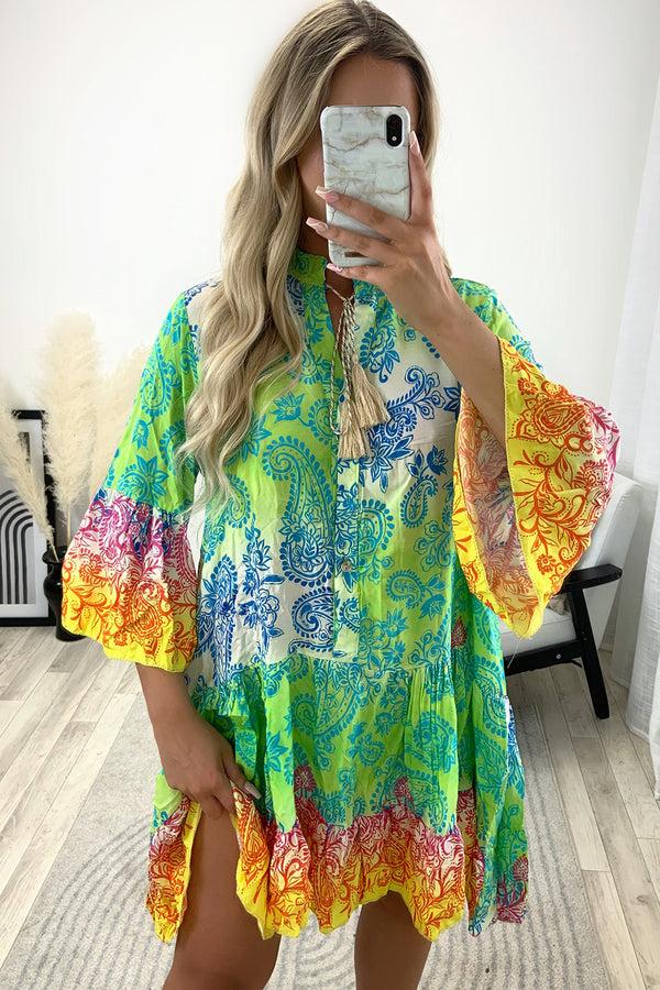 lasula Jadey Green Multi Paisley Print Oversized Frill Hem Kaftan Top
