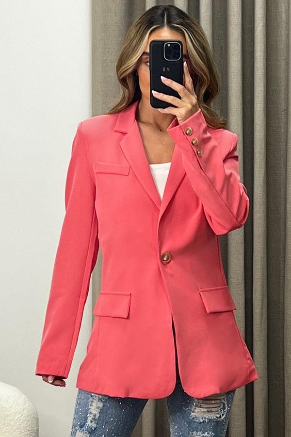 Lasula Jen Hot Pink Button Up Tailored Longline Blazer