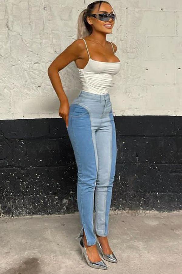 Lasula Jenna Blue Contrast Split Hem High Waisted Denim Jeans