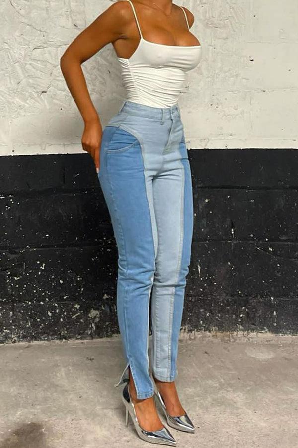 Lasula Jenna Blue Contrast Split Hem High Waisted Denim Jeans