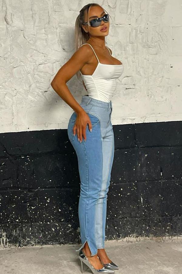 Lasula Jenna Blue Contrast Split Hem High Waisted Denim Jeans