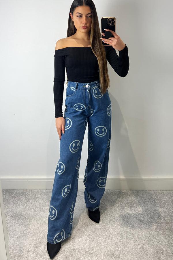 Lasula Jianna Blue Smiley Face Printed High Waisted Denim Jeans