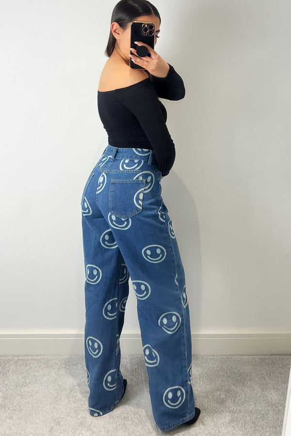 Lasula Jianna Blue Smiley Face Printed High Waisted Denim Jeans