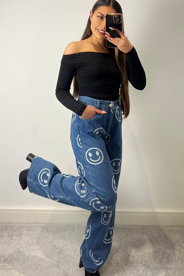 lasula Jianna Blue Smiley Face Printed High Waisted Denim Jeans