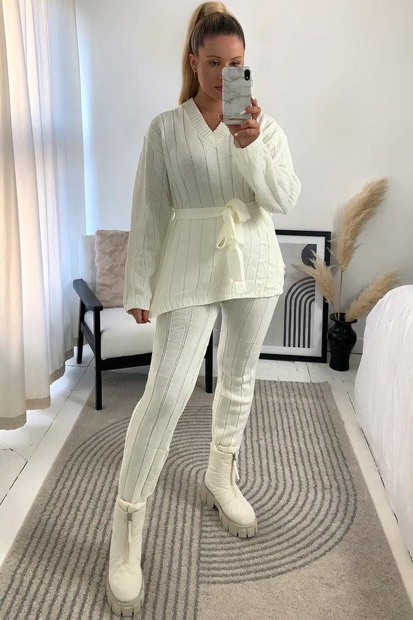 Lasula Jolie Cream Rib Belted Top And Leggings Knitted Co-Ord Set