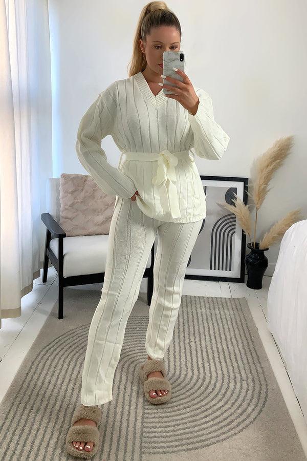 lasula Jolie Cream Rib Belted Top and Leggings Knitted Co-Ord Set
