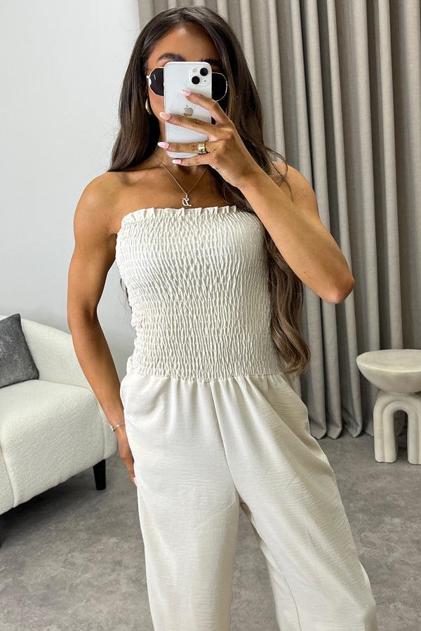 Lasula Jules Beige Shirred Bandeau Wide Leg Jumpsuit