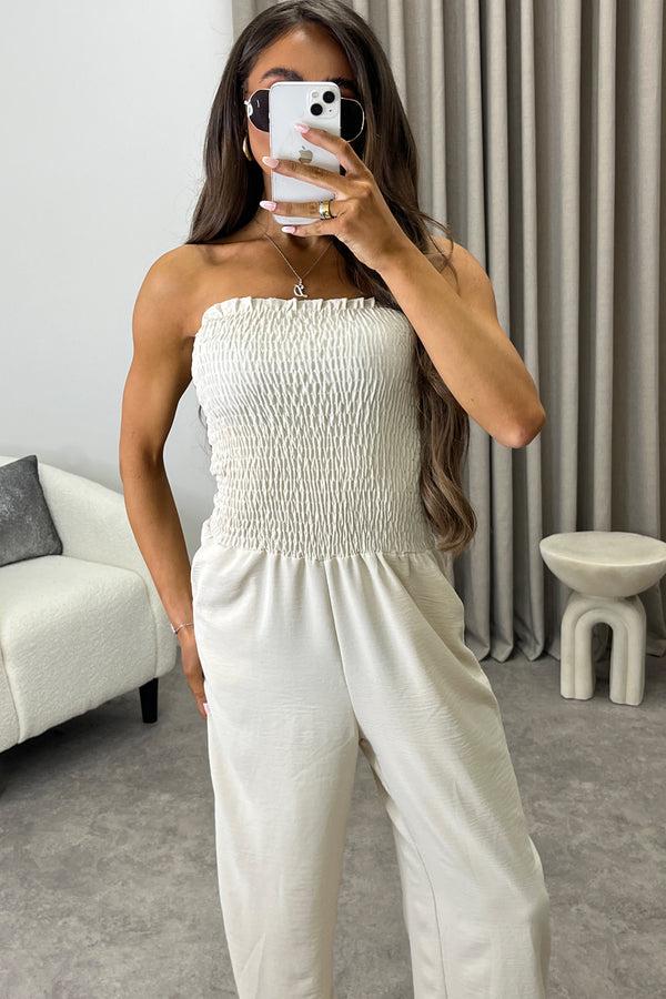 Lasula Jules Beige Shirred Bandeau Wide Leg Jumpsuit
