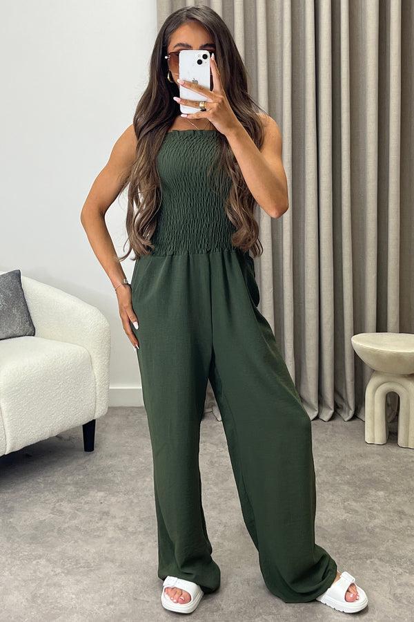 Lasula Jules Khaki Shirred Bandeau Wide Leg Jumpsuit