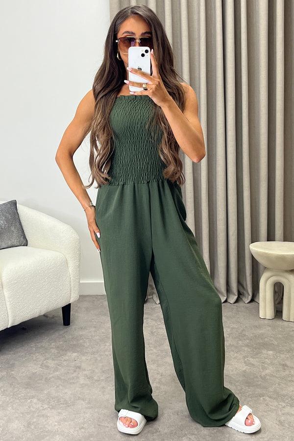 lasula Jules Khaki Shirred Bandeau Wide Leg Jumpsuit