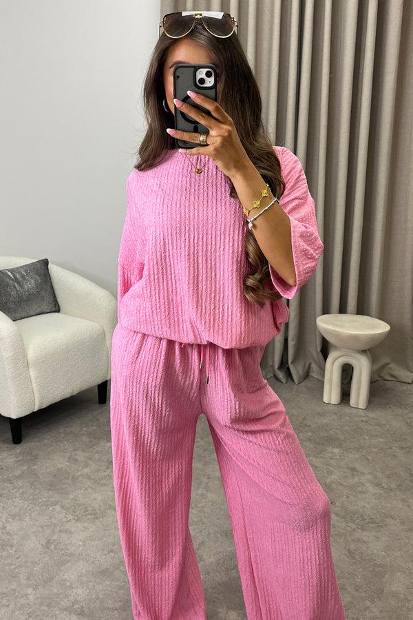 Lasula Julia Pink Textured Oversized Top And Wide Leg Trousers Co-Ord Set