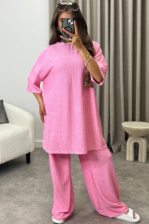 Lasula Julia Pink Textured Oversized Top And Wide Leg Trousers Co-Ord Set