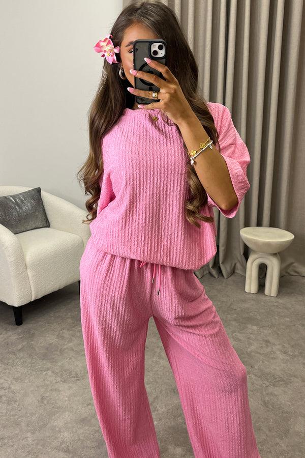 lasula Julia Pink Textured Oversized Top and Wide Leg Trousers Co-Ord Set