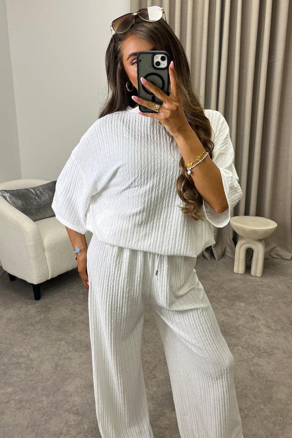 Lasula Julia White Textured Oversized Top And Wide Leg Trousers Co-Ord Set