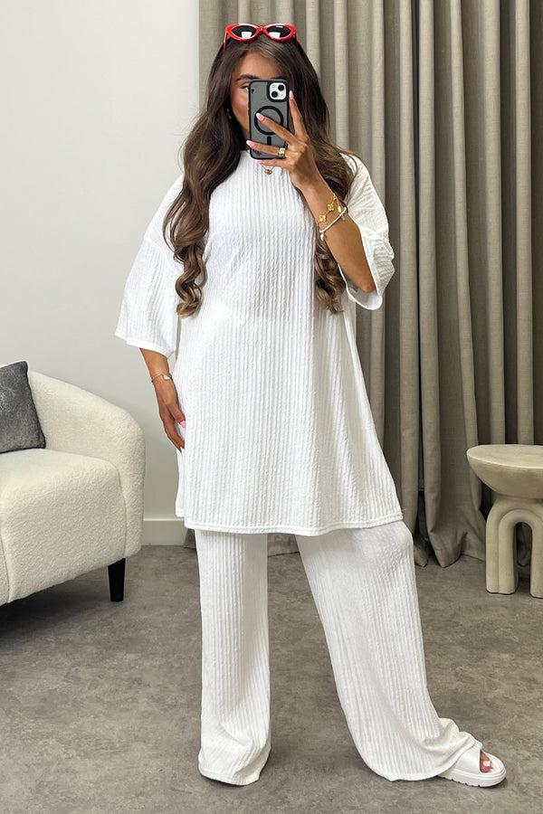 lasula Julia White Textured Oversized Top and Wide Leg Trousers Co-Ord Set