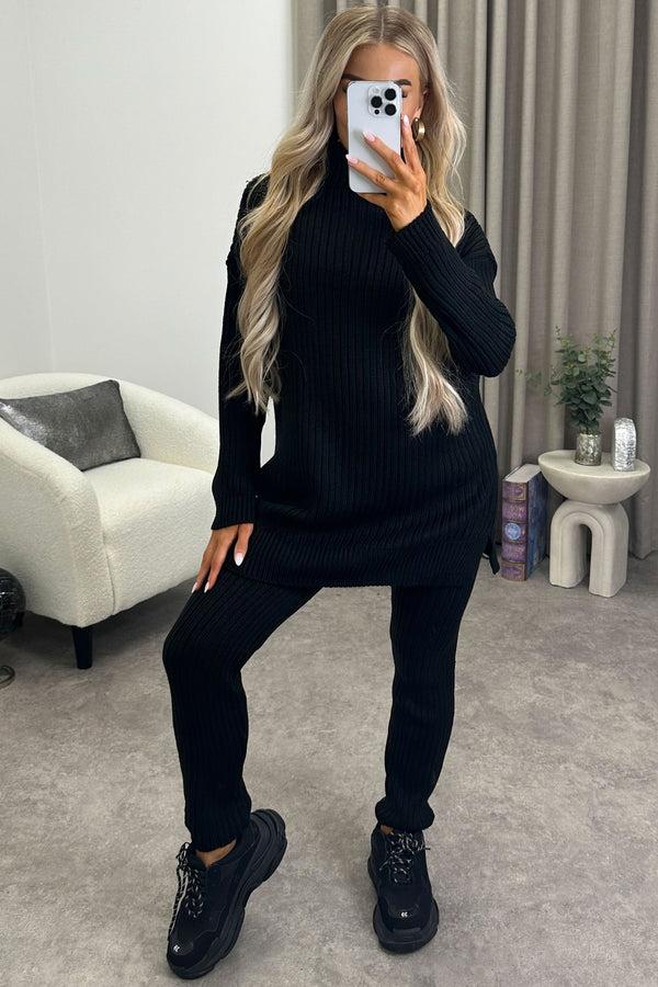 lasula Juniper Black Oversized Roll Neck Knitted Co-Ord