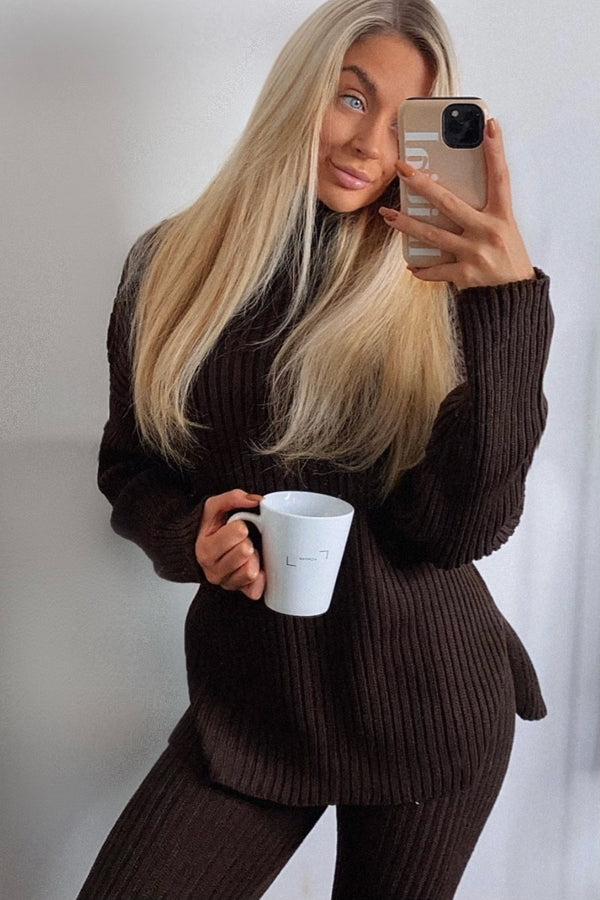 Lasula Juniper Chocolate Brown Oversized Roll Neck Co-Ord