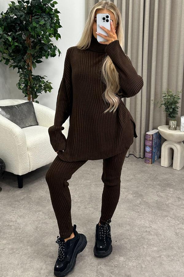 Lasula Juniper Chocolate Brown Oversized Roll Neck Co-Ord