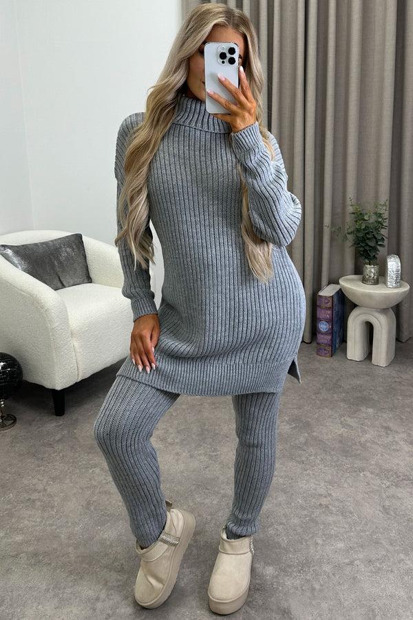 Lasula Juniper Grey Oversized Roll Neck Knitted Co-Ord