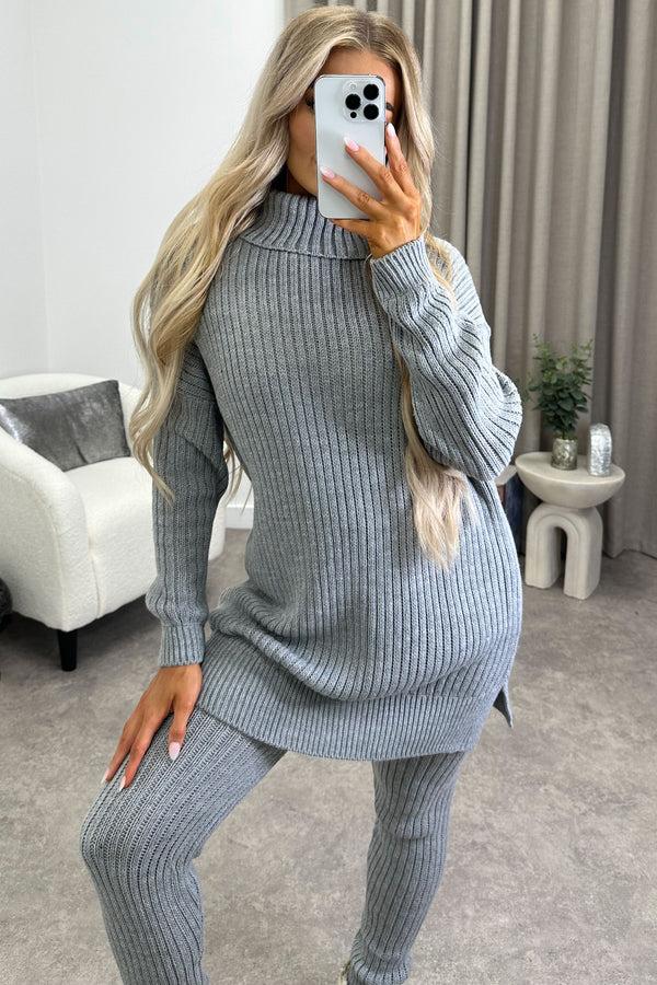 Lasula Juniper Grey Oversized Roll Neck Knitted Co-Ord