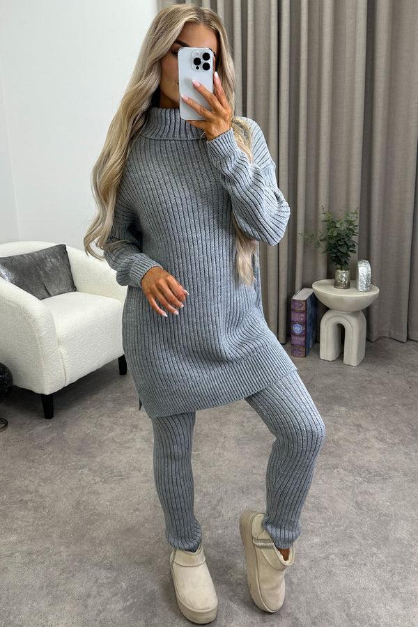 Lasula Juniper Grey Oversized Roll Neck Knitted Co-Ord