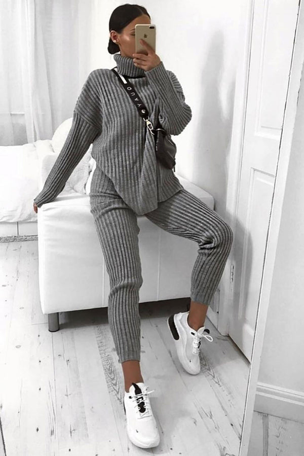 lasula Juniper Grey Oversized Roll Neck Knitted Co-Ord