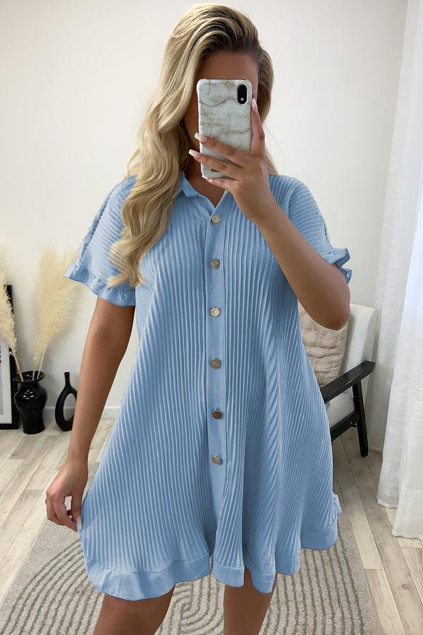 lasula Justine Blue Plisse Pleated Frill Hem Shirt Dress