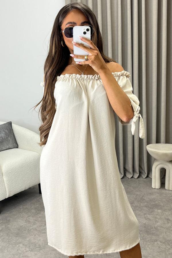 Lasula Kacie Beige Frill Bardot Tie Sleeve Mini Dress