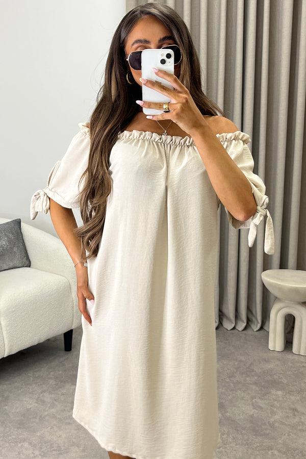 Lasula Kacie Beige Frill Bardot Tie Sleeve Mini Dress