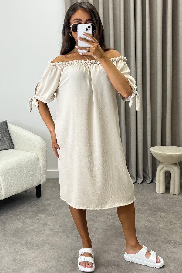 Lasula Kacie Beige Frill Bardot Tie Sleeve Mini Dress