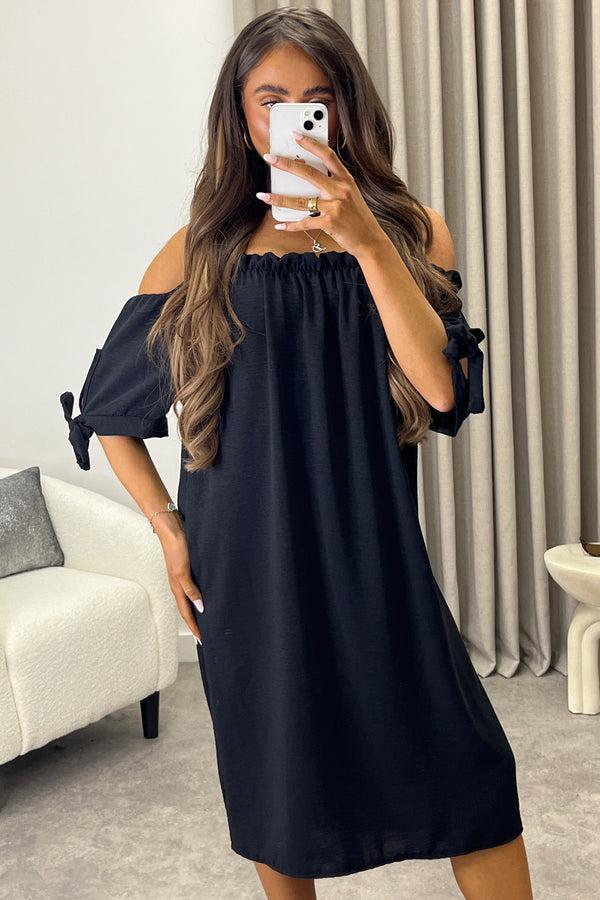 Lasula Kacie Black Frill Bardot Tie Sleeve Mini Dress