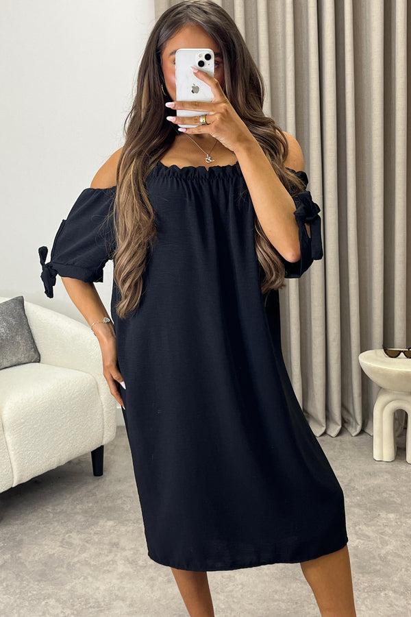 Lasula Kacie Black Frill Bardot Tie Sleeve Mini Dress