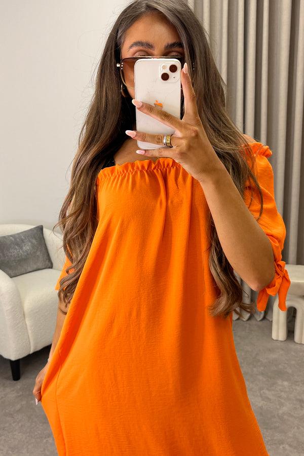 Lasula Kacie Orange Frill Bardot Tie Sleeve Mini Dress