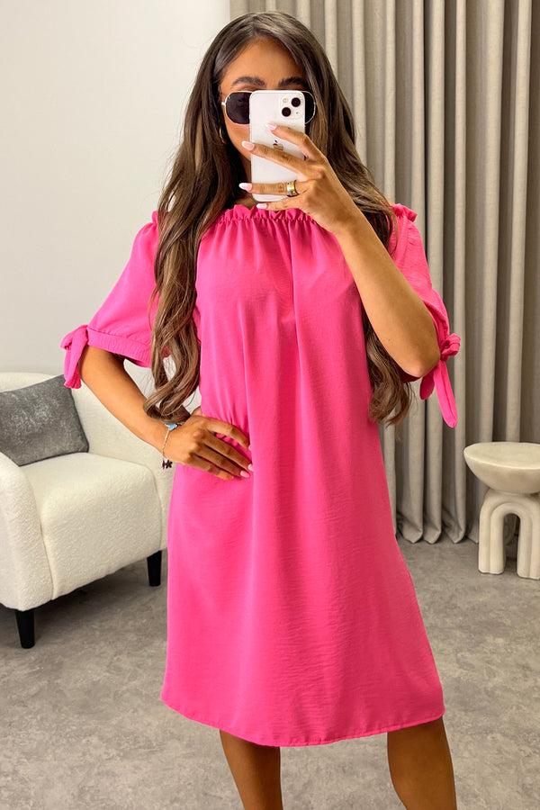 Lasula Kacie Pink Frill Bardot Tie Sleeve Mini Dress