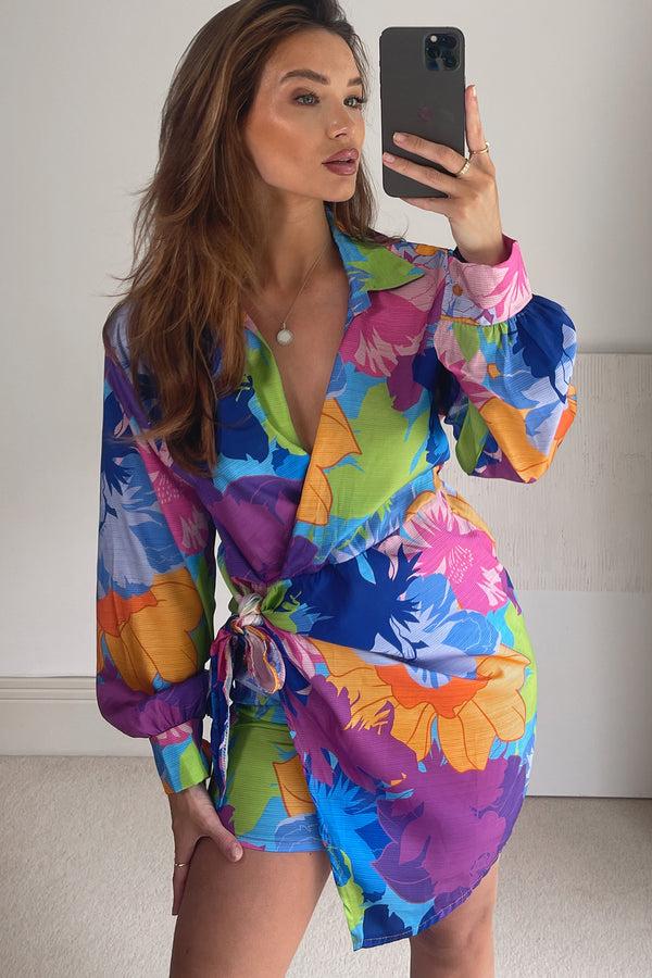 Lasula Kaitlyn Blue Multi Floral Print Satin Wrap Dress