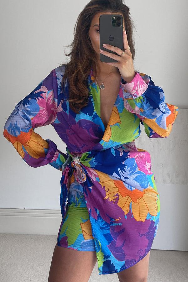Lasula Kaitlyn Blue Multi Floral Print Satin Wrap Dress