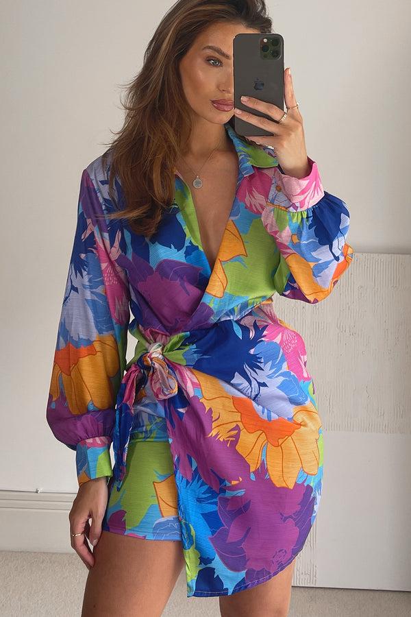 lasula Kaitlyn Blue Multi Floral Print Satin Wrap Dress
