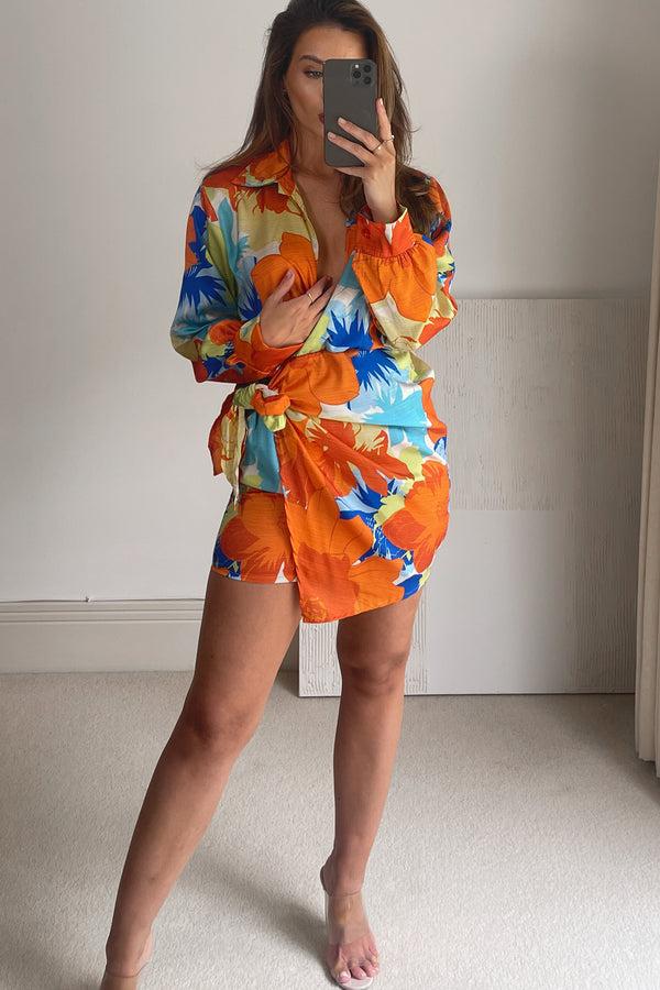 Lasula Kaitlyn Orange Multi Floral Print Satin Wrap Dress