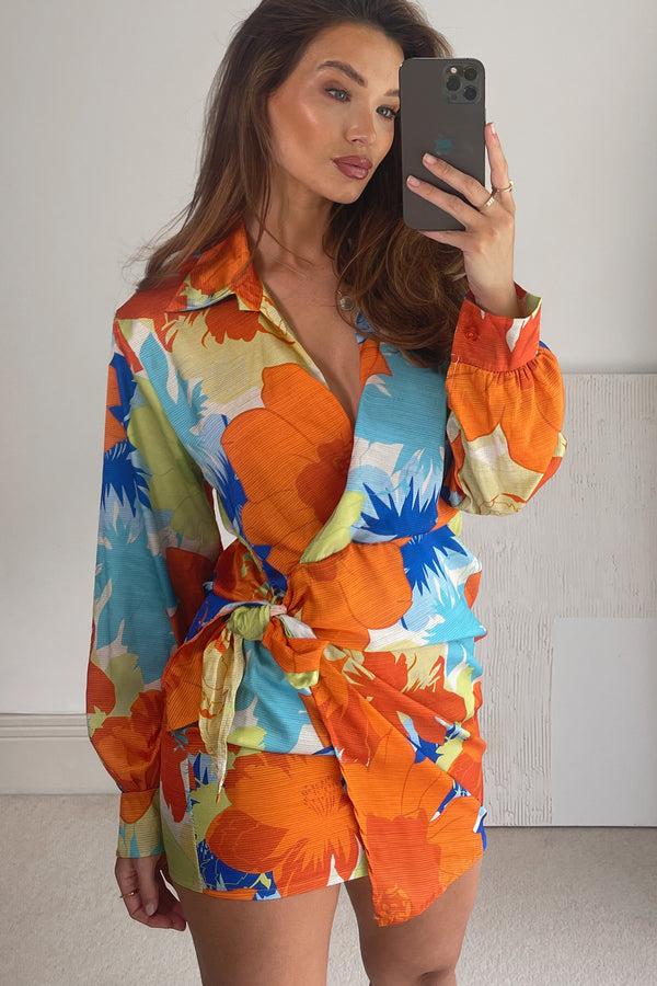 Lasula Kaitlyn Orange Multi Floral Print Satin Wrap Dress