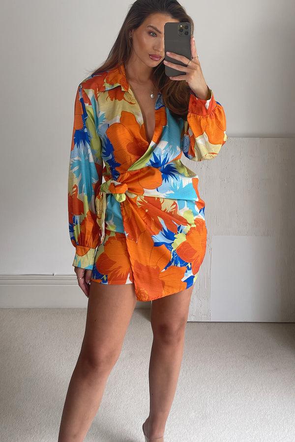 Lasula Kaitlyn Orange Multi Floral Print Satin Wrap Dress